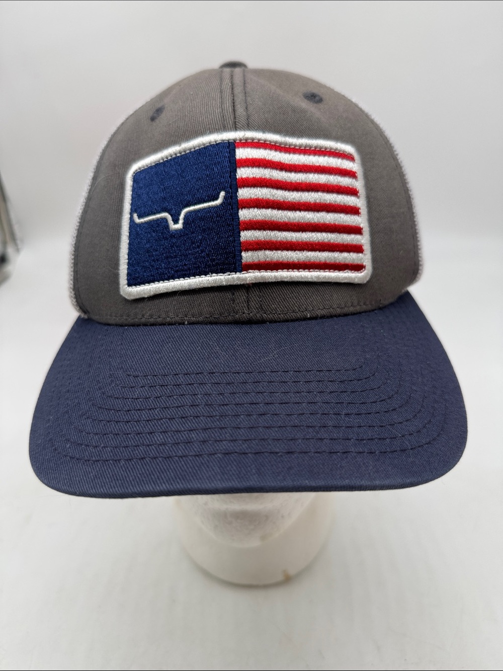 Kimes Ranch Trucker Patch Flag Cap in Gray and Navy HT10256G